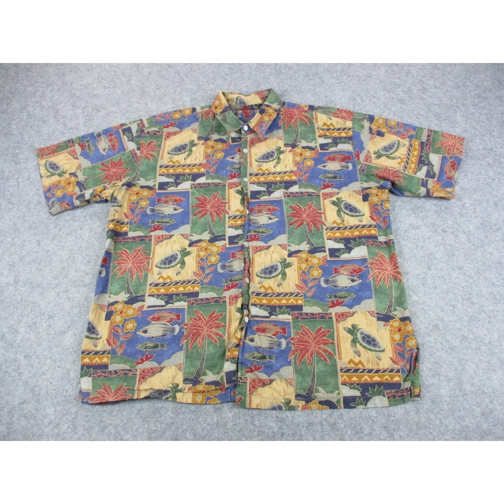 Tori Richard Shirt Mens Large Yellow Turtle Fish Print Button Up Hawaiian Camp